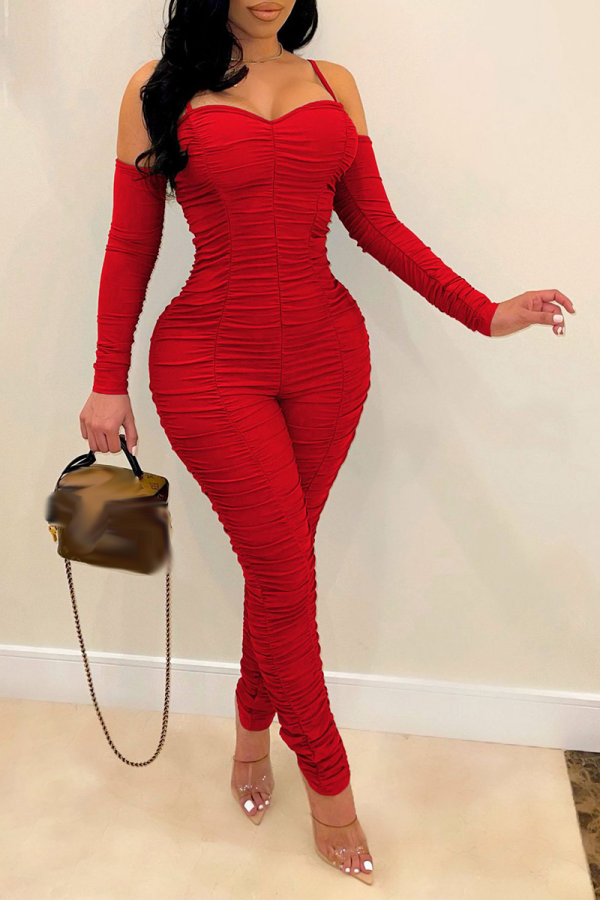 Rode sexy effen gevouwen spaghettibandjes skinny jumpsuits