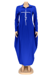 ブルー カジュアル プリント パッチワーク ジッパー カラー ストレート ドレス