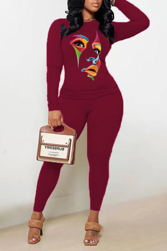 Burgundy Casual Print Patchwork O Neck Long Sleeve Two Pieces