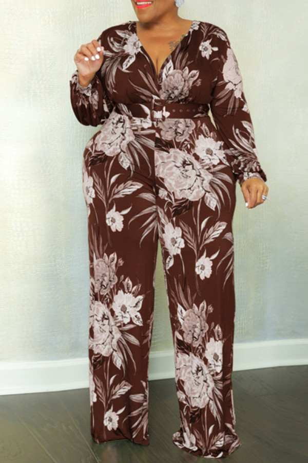 Koffie casual print patchwork V-hals jumpsuits in grote maten