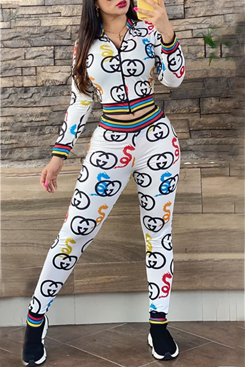 

White Elegant Print Letter Zipper Collar Long Sleeve Two Pieces