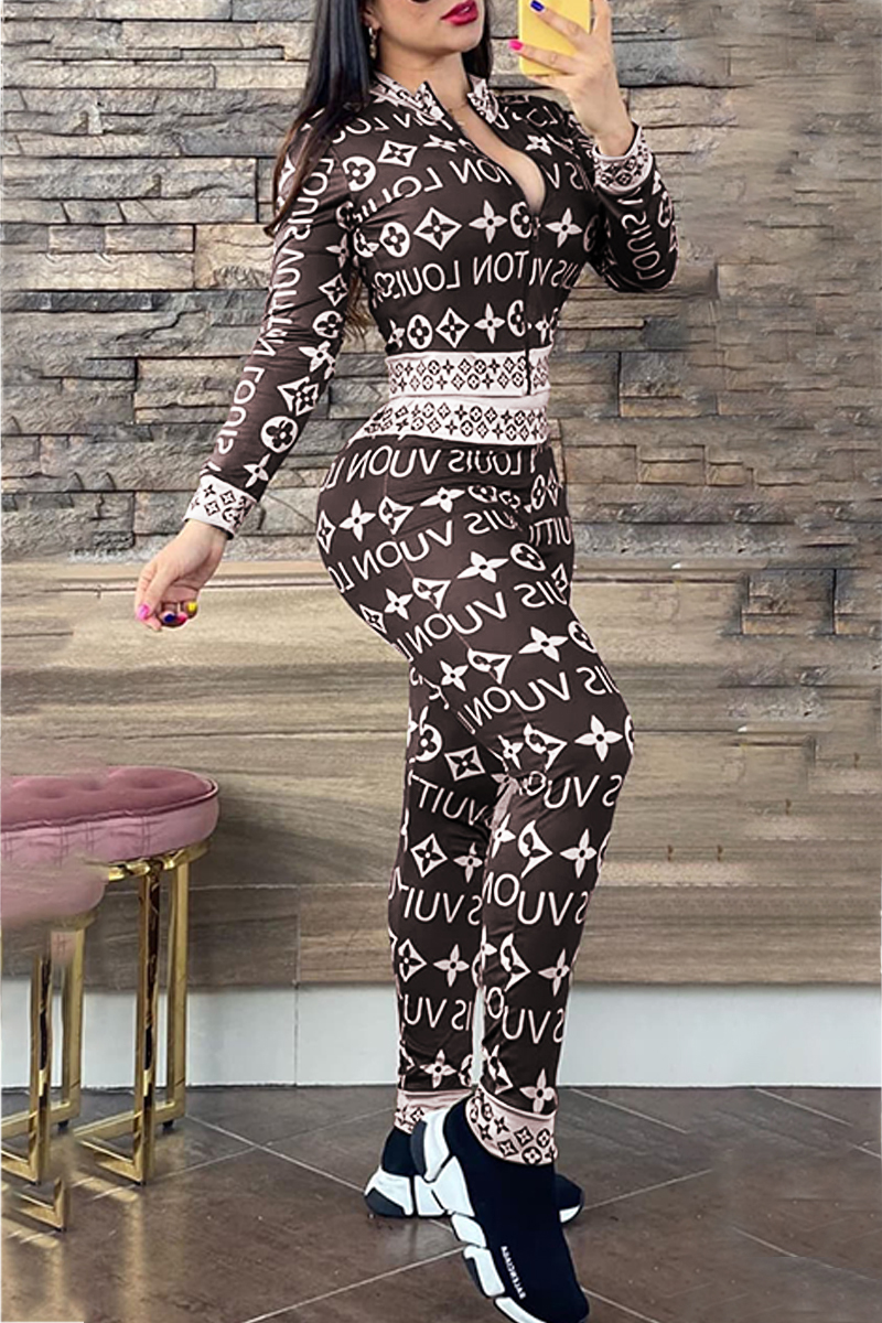 

Brownness Elegant Print Letter Zipper Collar Long Sleeve Two Pieces