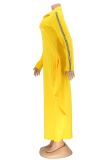 Vestidos rectos con cuello de cremallera y patchwork con estampado informal amarillo