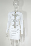 Vestidos casuais brancos sensuais sólidos vazados patchwork decote oco mangas compridas