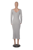 Vestidos de falda lápiz con cuello en V de patchwork sólido informal gris