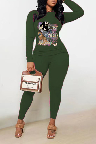 Army Green Casual Print Patchwork O Neck Long Sleeve Two Pieces