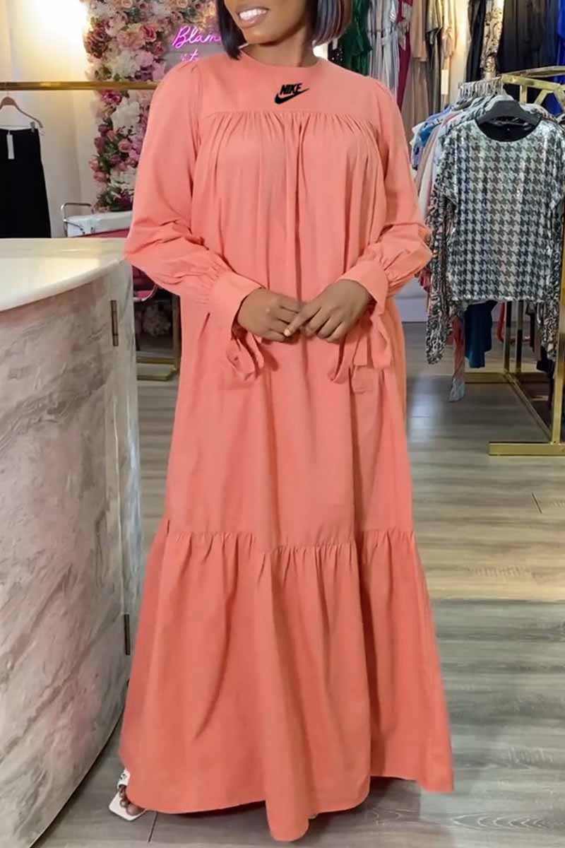 

Pink Elegant Print Letter O Neck Straight Dresses