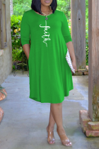 Vestidos rectos con cuello en O de patchwork con estampado casual verde