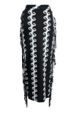 Черные модные узкие брюки-карандаш с кисточками и полным принтом