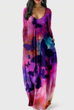 Vestidos de manga comprida com estampa casual multicolorida decote em V