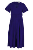 ロイヤルブルーのエレガントなソリッドパッチワークVネックプリーツプラスサイズのドレス