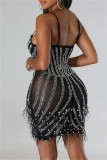 Vestido de cabestrillo con escote en V sin espalda transparente con perforación en caliente de patchwork sexy negro Vestidos