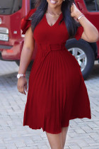 Rode casual elegante effen patchwork vouw O-hals A-lijn jurken