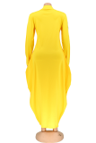 Yellow Casual Print Patchwork Zipper Collar Straight Dresses