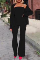Cardigan preto casual patchwork sem alças manga longa duas peças