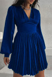Темно-синие повседневные однотонные плиссированные платья в стиле пэчворк с V-образным вырезом