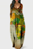 Vestidos de manga comprida com estampa casual multicolorida decote em V