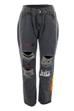 Pantalones vaqueros rectos de mezclilla rasgados con estampado casual de calle gris