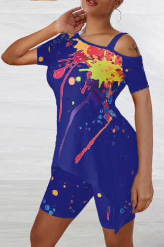 Blue Casual Patchwork Tie-dye Spaghetti Strap Short Sleeve Two Pieces