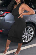 Черные сексуальные сплошные выдолбленные лоскутные асимметричные асимметричные воротники юбка-карандаш платья