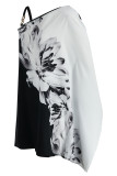 Schwarz Weiß Mode Sexy Print Patchwork Schrägkragen A-Linie Kleider
