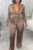 Witte Sexy Print Bandage Patchwork Rits Kraag Plus Size Jumpsuits