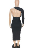 Black Sexy Solid Hollowed Out Patchwork Asymmetrical Asymmetrical Collar Pencil Skirt Dresses