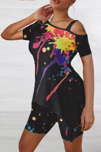 Black Casual Patchwork Tie-dye Spaghetti Strap Short Sleeve Two Pieces