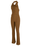 Brown Sexy Casual Solid Backless Fold Turndown Collar Skinny Jumpsuits