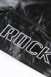 Black Street Solid Embroidered Patchwork Zipper Turndown Collar Outerwear