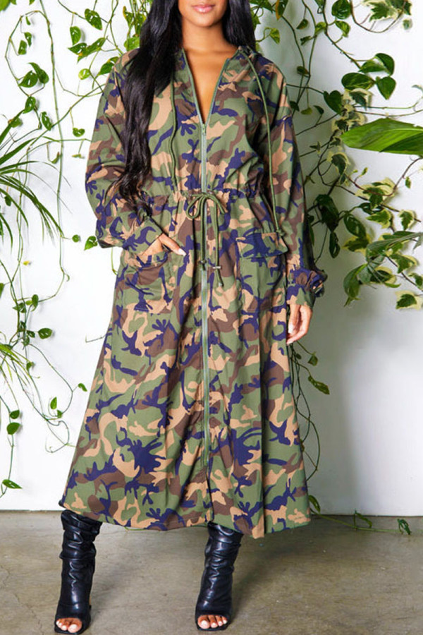 Camouflage Casual Print Camouflage Print Patchwork Rits Hooded Kraag Bovenkleding