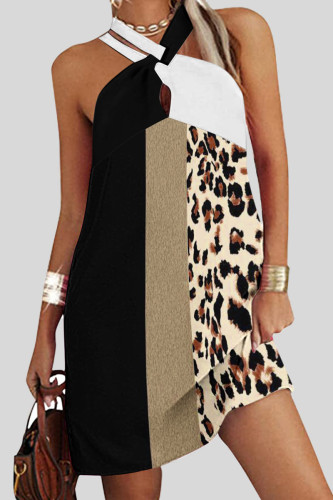 Leopard Print Sexy Print Patchwork Halter A Line Dresses