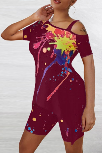 Burgundy Casual Patchwork Tie-dye Spaghetti Strap Short Sleeve Two Pieces