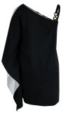 ブラック ホワイト ファッション セクシー プリント パッチワーク 斜め襟 A ライン ドレス