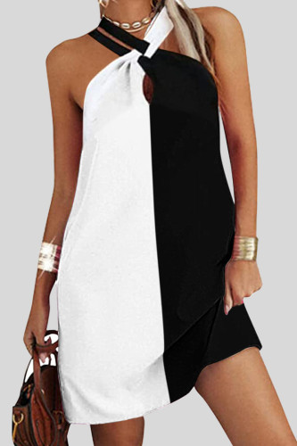 Black White Sexy Print Patchwork Halter A Line Dresses