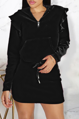 Black Casual Solid Patchwork Hooded Collar Long Sleeve Two Pieces