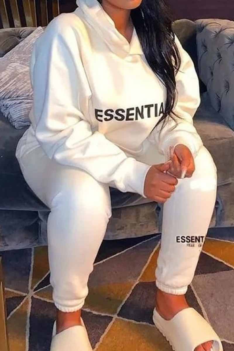 

White Casual Print Letter Hooded Collar Long Sleeve Two Pieces