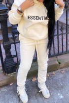 Cream White Casual Print Letter Hooded Collar Long Sleeve Two Pieces Tracksuit Sets Sweat Suit Jogger Sets