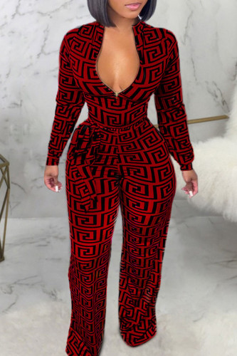 Red Sexy Print Bandage Patchwork Zipper Collar Plus Size Jumpsuits