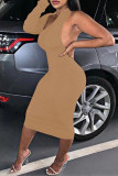 Серые сексуальные сплошные выдолбленные лоскутные асимметричные асимметричные воротники юбка-карандаш платья