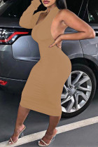 カーキ セクシー ソリッド くり抜き パッチワーク 非対称 非対称カラー ペンシル スカート ドレス