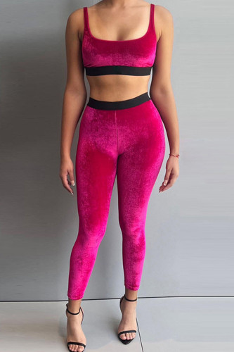 Rose Red Sexy Sportswear Solid Patchwork U Neck Sleeveless Two Pieces