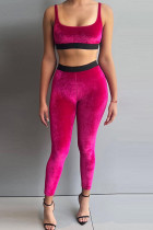 Rose Red Sexy Sportswear Solid Patchwork U-hals Mouwloos Two Pieces
