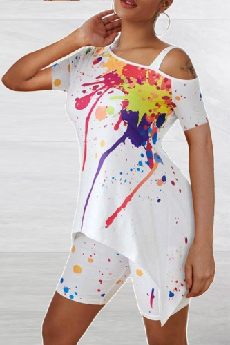 White Casual Patchwork Tie-dye Spaghetti Strap Short Sleeve Two Pieces