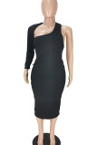 Black Sexy Solid Hollowed Out Patchwork Asymmetrical Asymmetrical Collar Pencil Skirt Dresses