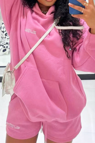 Pink Casual Print Patchwork Hooded Collar Long Sleeve Two Pieces
