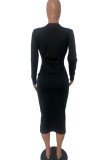 Black Sexy Solid Patchwork Fold Asymmetrical V Neck Pencil Skirt Dresses