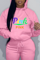 Top con colletto con cappuccio patchwork rosa casual con stampa di abbigliamento sportivo