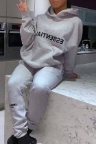 Grey Casual Print Letter Hooded Collar Long Sleeve Two Pieces Tracksuit Sets Sweat Suit Jogger Sets