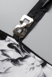 Noir Blanc Mode Sexy Imprimé Patchwork Oblique Col Une Robes De Ligne